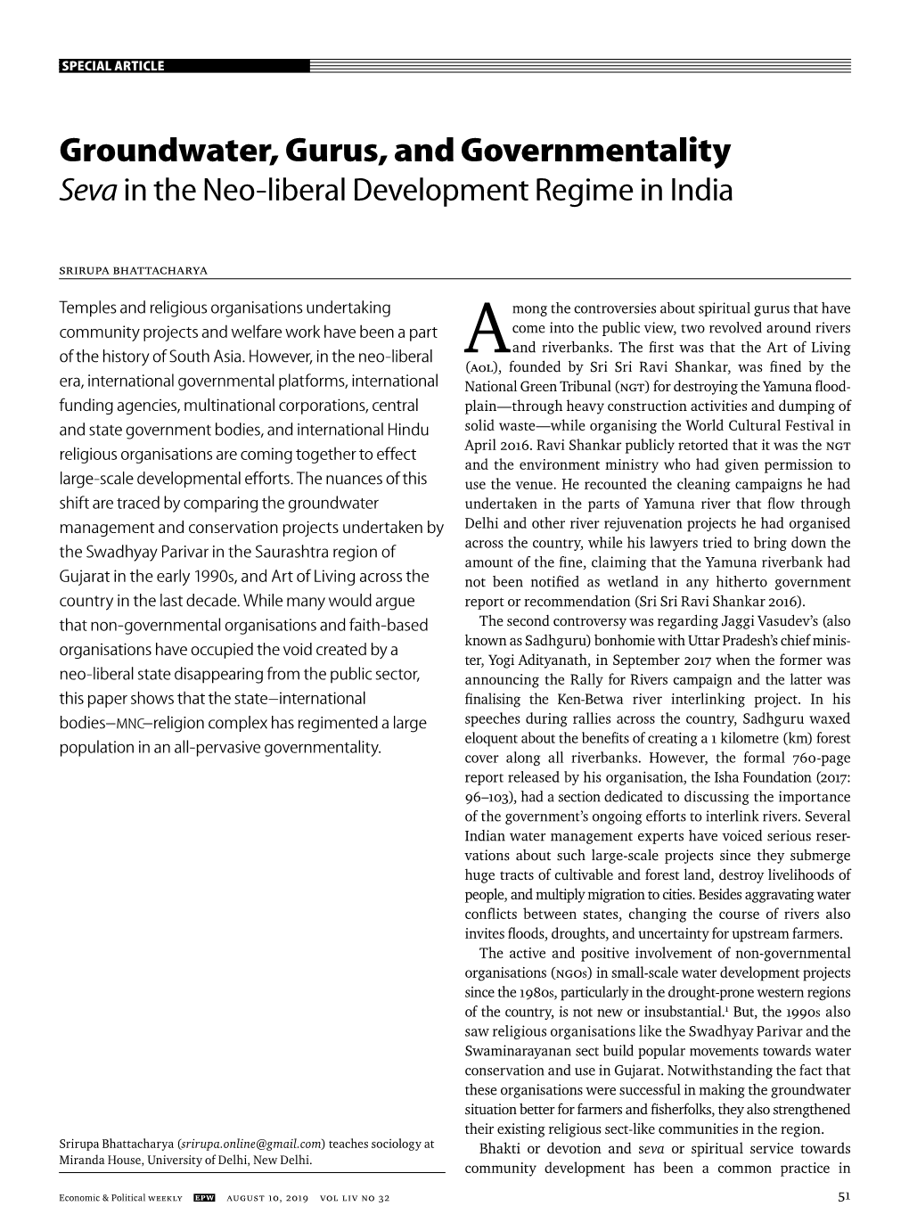 Groundwater, Gurus, and Governmentality Seva in the Neo-Liberal Development Regime in India