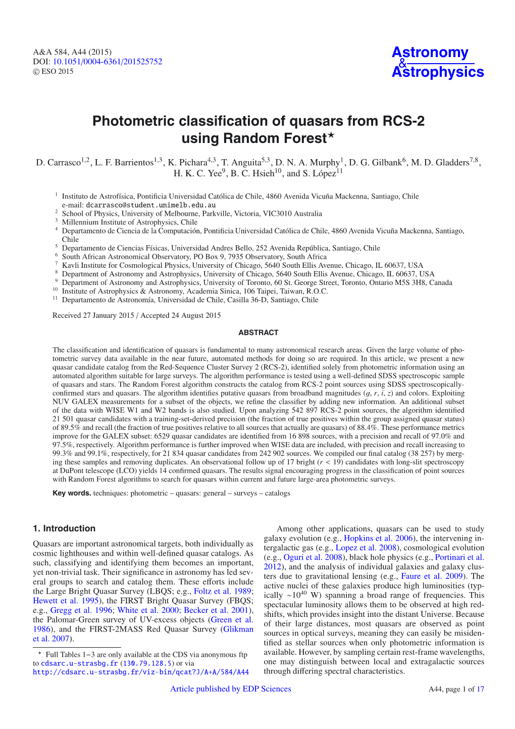 Photometric Classification of Quasars from RCS-2 Using Random Forest⋆