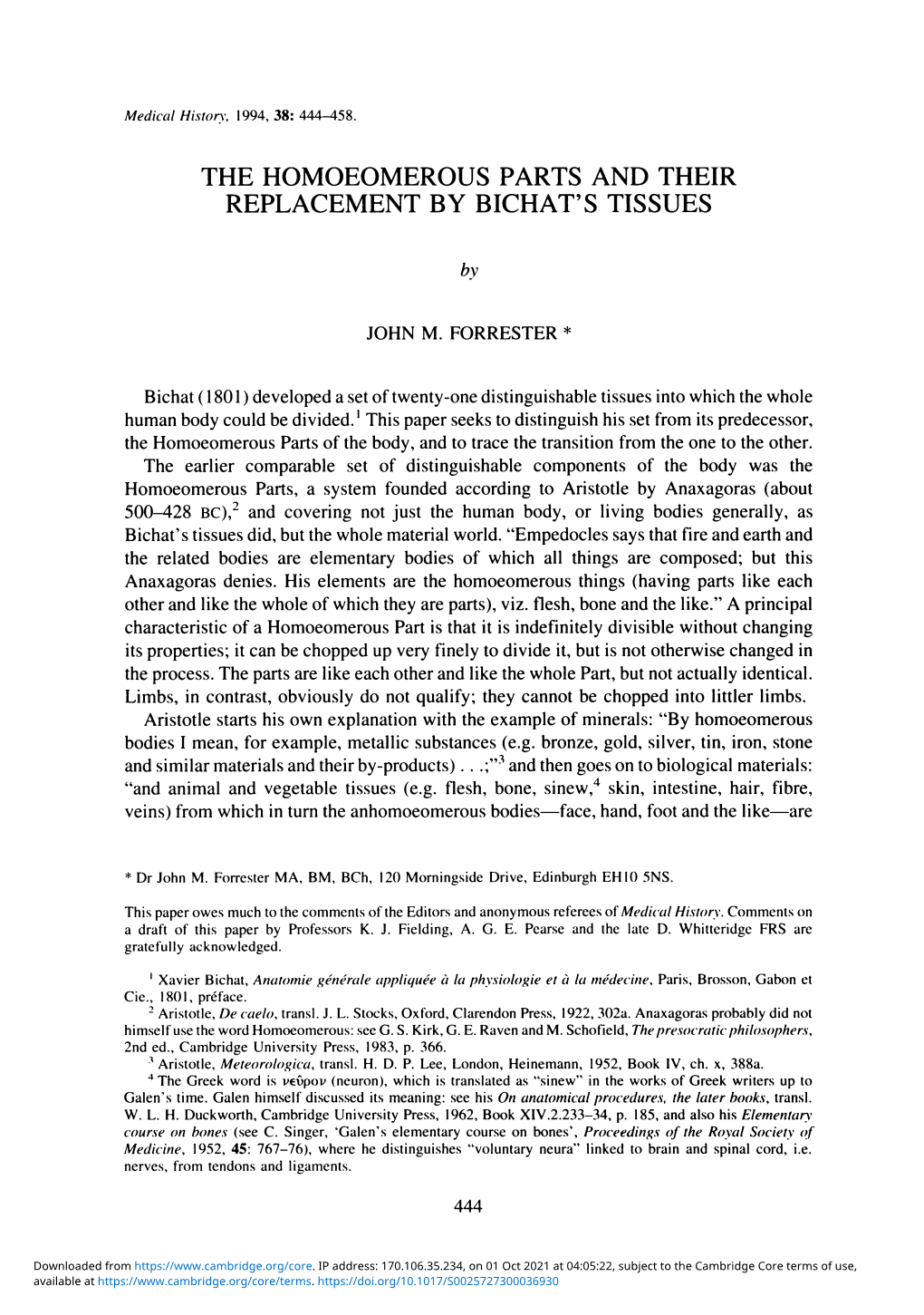 The Homoeomerous Parts and Their Replacement by Bichat's Tissues