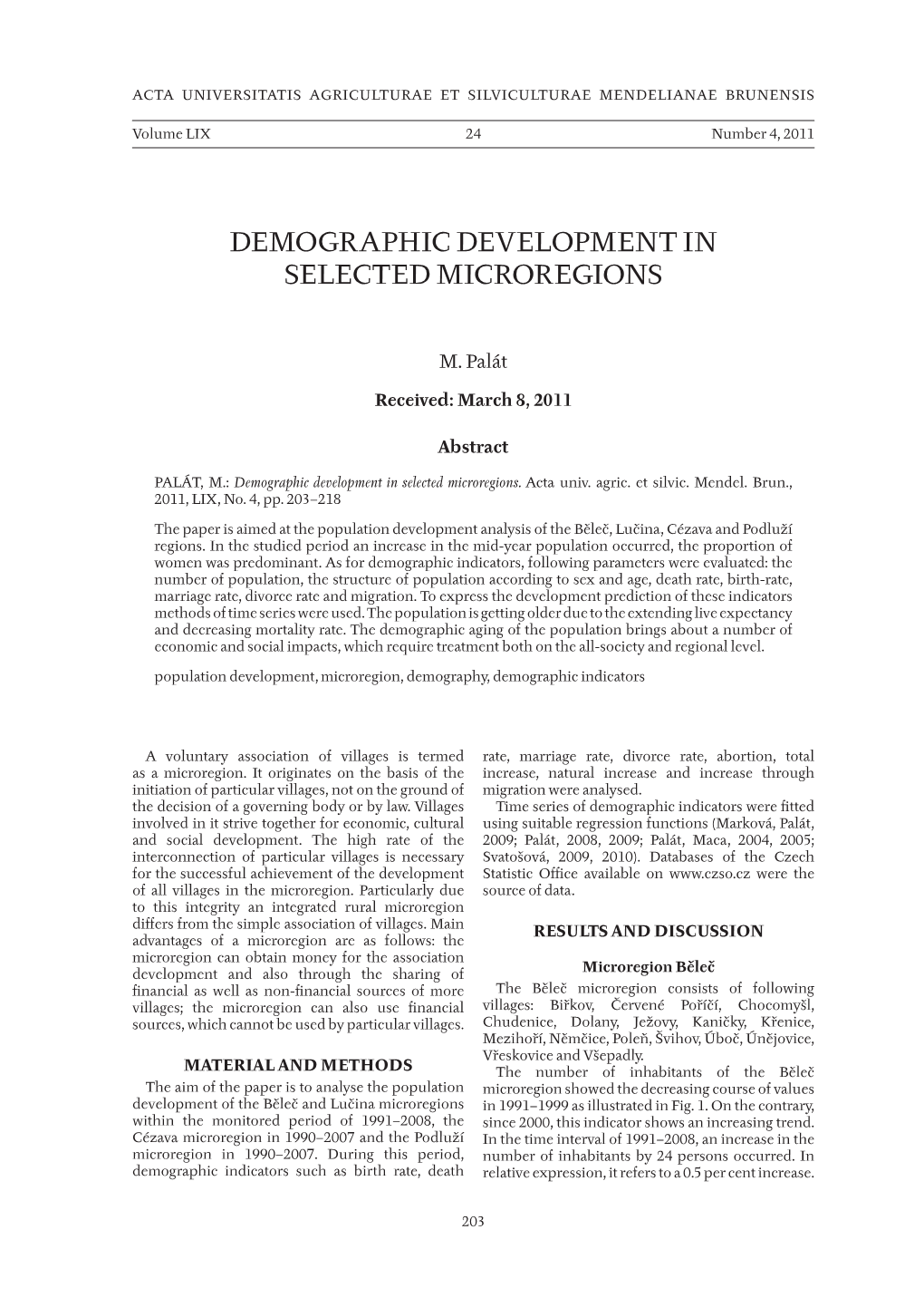 Demographic Development in Selected Microregions