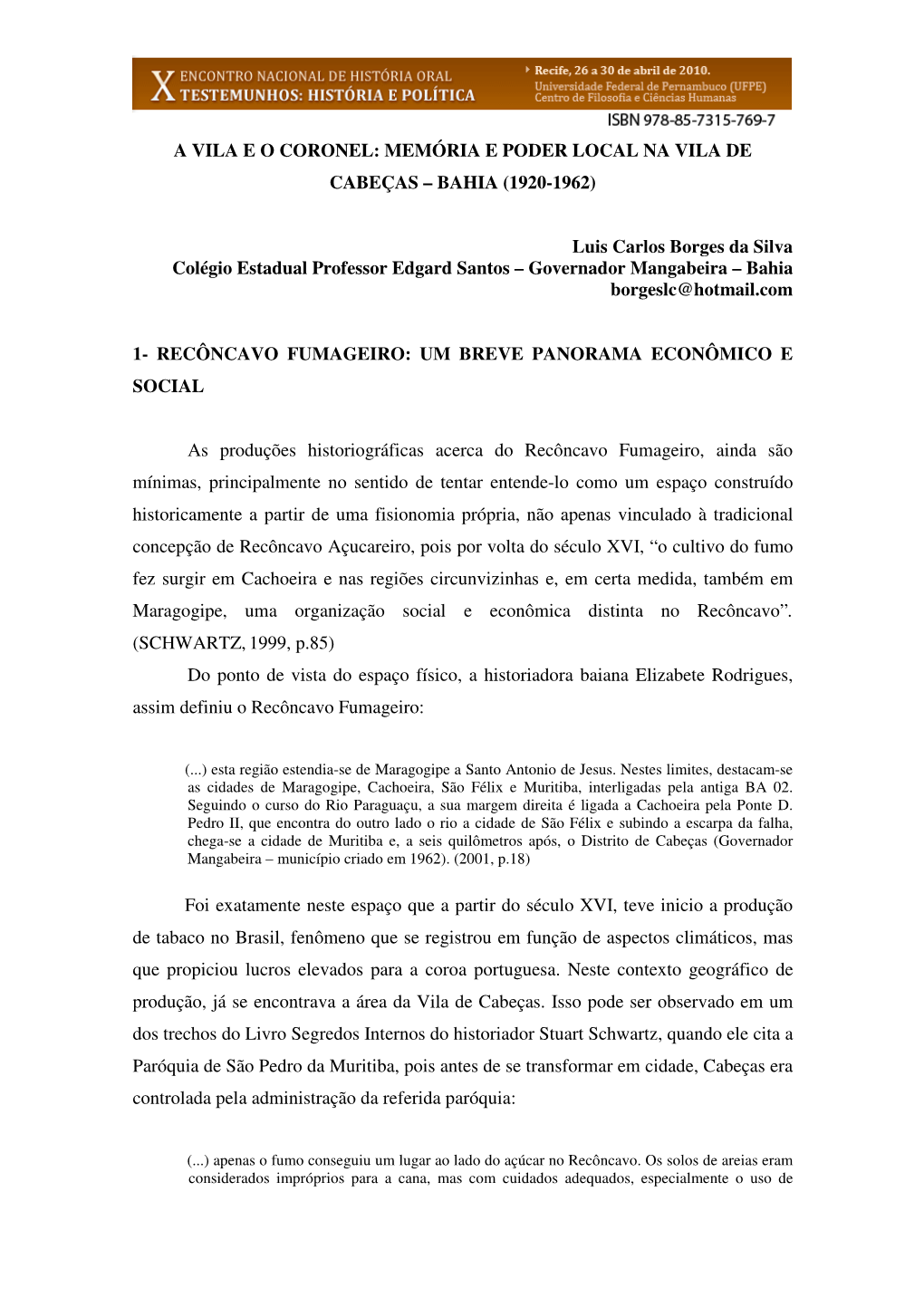 Memória E Poder Local Na Vila De Cabeças – Bahia (1920-1962)