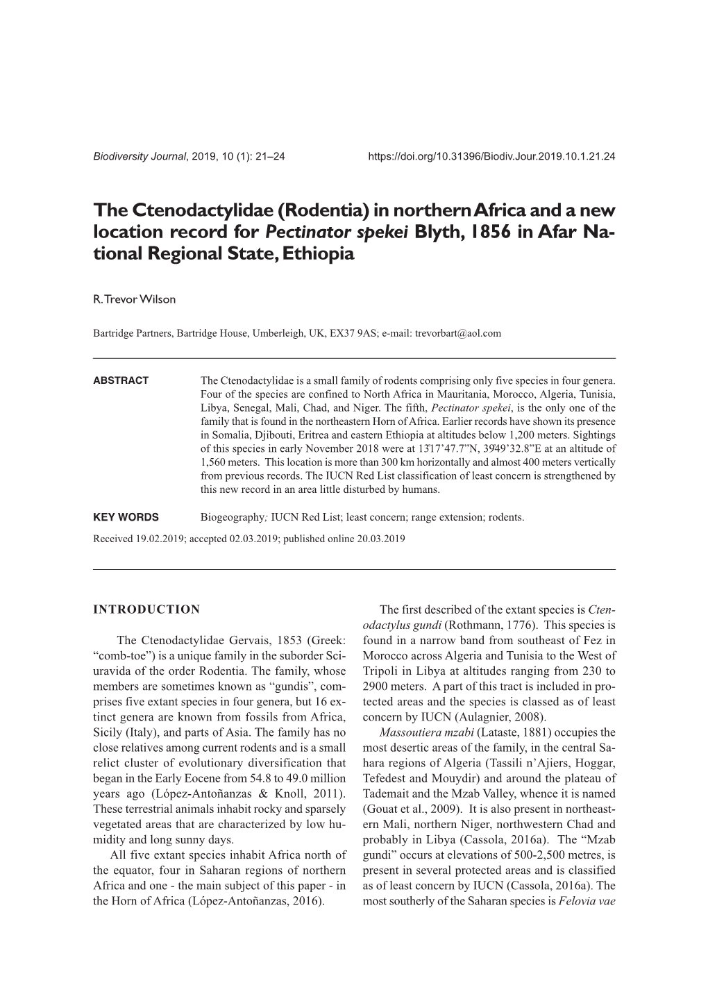 Rodentia) in Northern Africa and a New Location Record for Pectinator Spekei Blyth, 1856 in Afar Na - Tional Regional State, Ethiopia