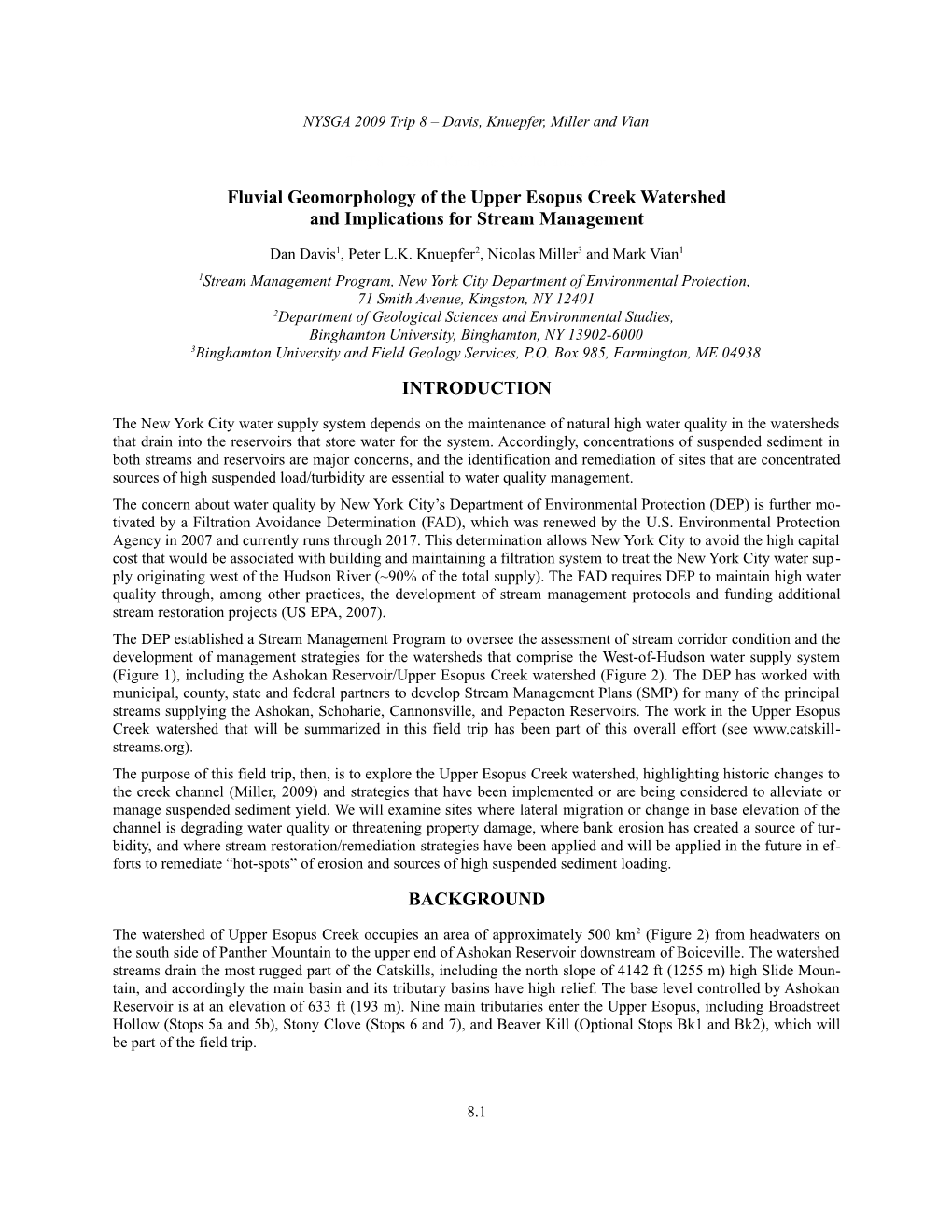 Fluvial Geomorphology of the Upper Esopus Creek Watershed and Implications for Stream Management