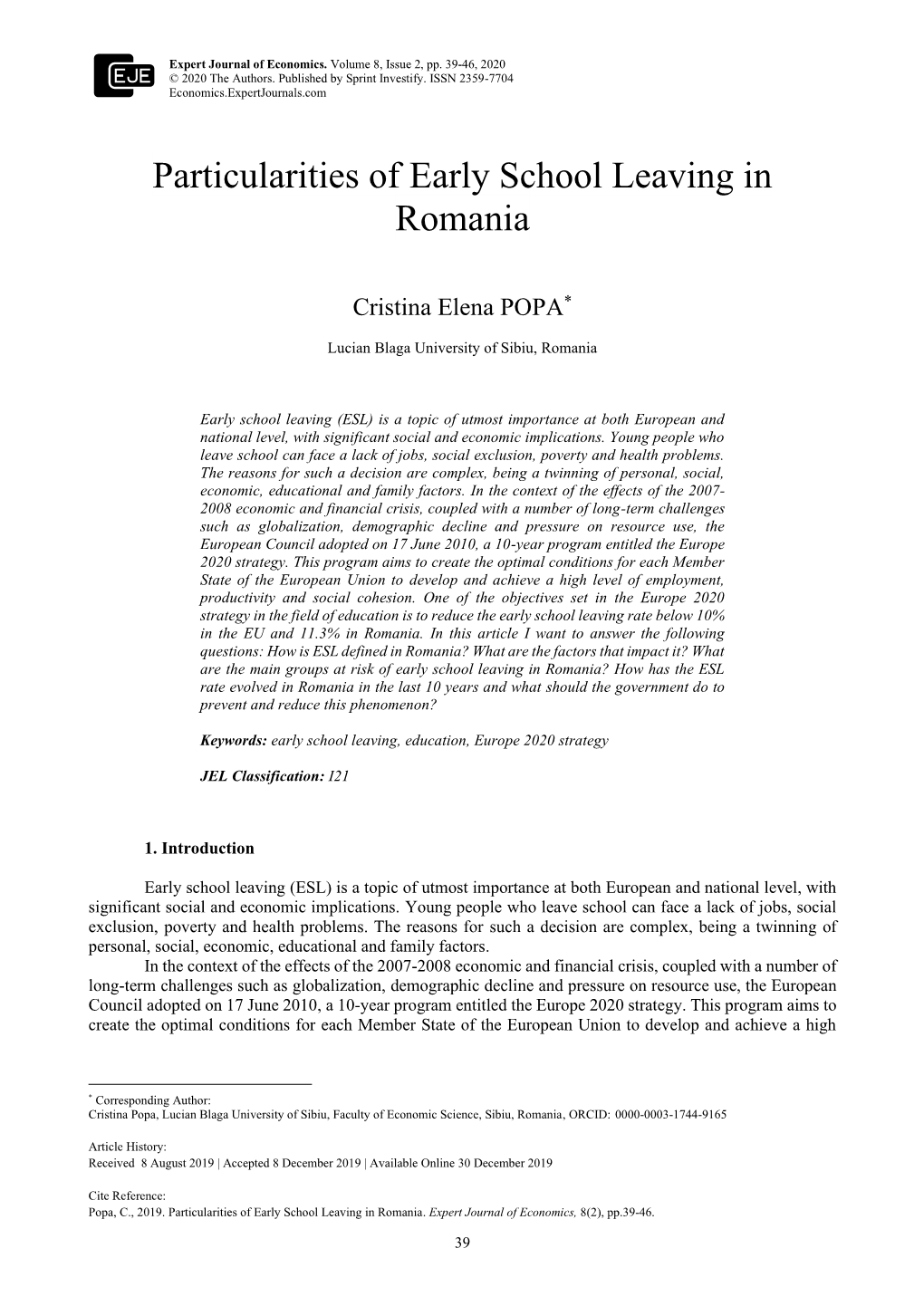 Particularities of Early School Leaving in Romania