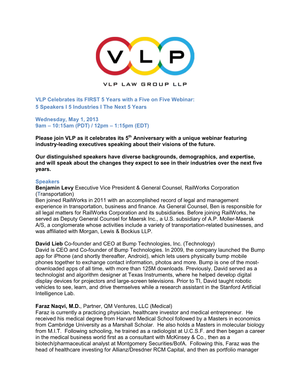 VLP Celebrates Its FIRST 5 Years with a Five on Five Webinar: 5 Speakers I 5 Industries I the Next 5 Years