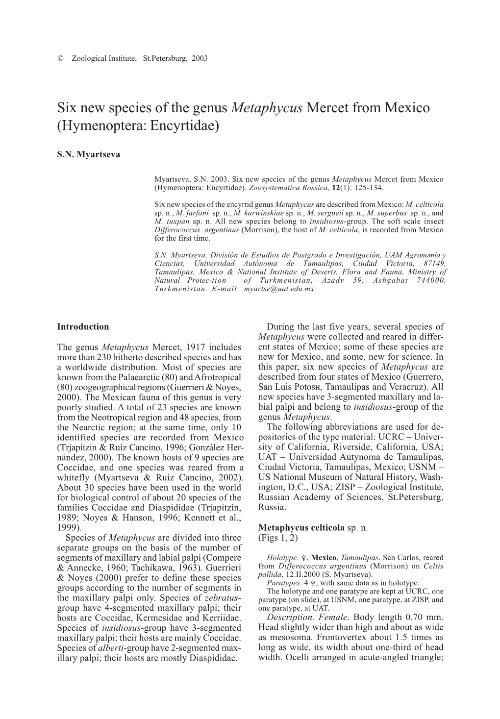 Six New Species of the Genus Metaphycus Mercet from Mexico (Hymenoptera: Encyrtidae)