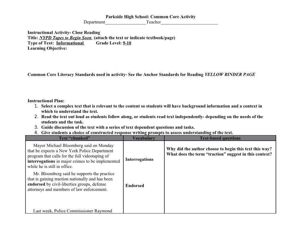 Parkside High School: Common Core Activity