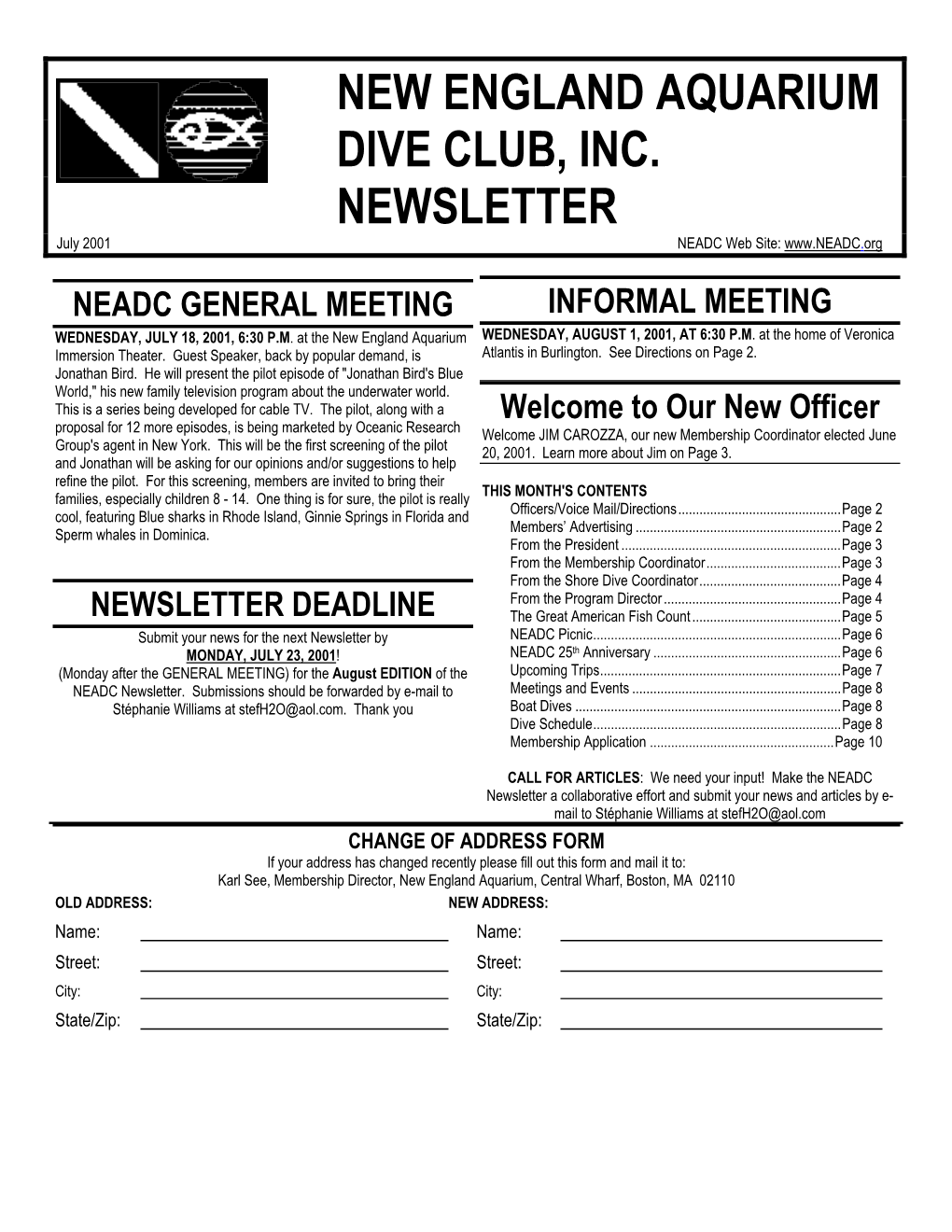 New England Aquarium Dive Club, Inc. Newsletter