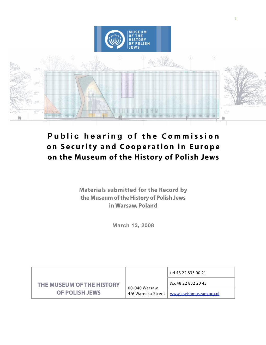 Public Hearing of the Commission on Security and Cooperation in Europe on the Museum of the History of Polish Jews