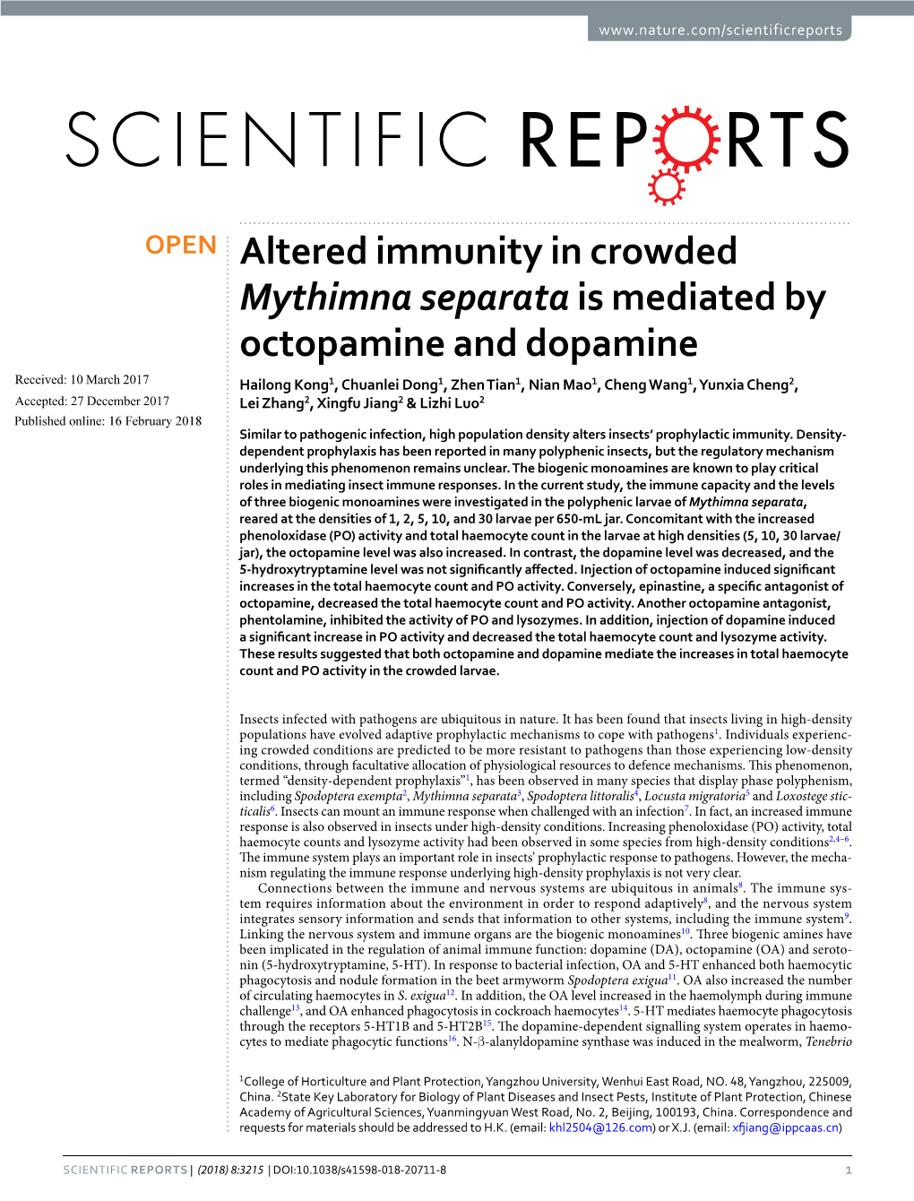 Altered Immunity in Crowded Mythimna Separata Is Mediated By