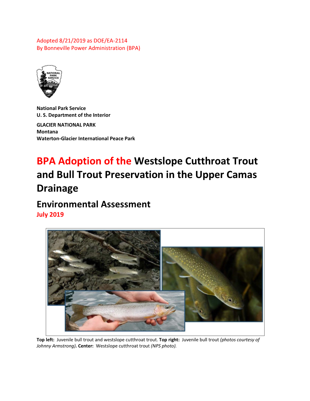 BPA Adoption of the Westslope Cutthroat Trout and Bull Trout Preservation in the Upper Camas Drainage Environmental Assessment July 2019