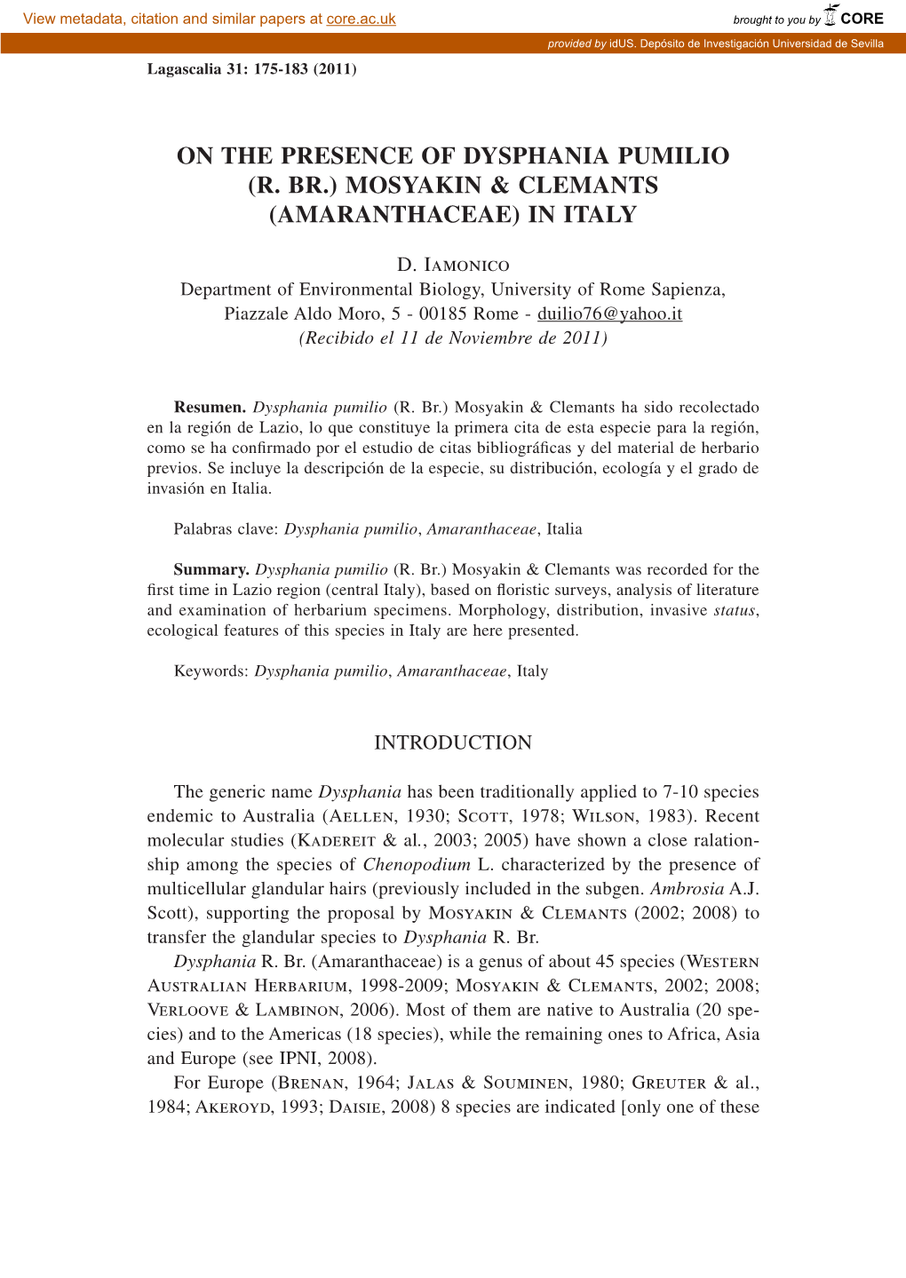 On the Presence of Dysphania Pumilio (R. Br.) Mosyakin & Clemants (Amaranthaceae) in Italy