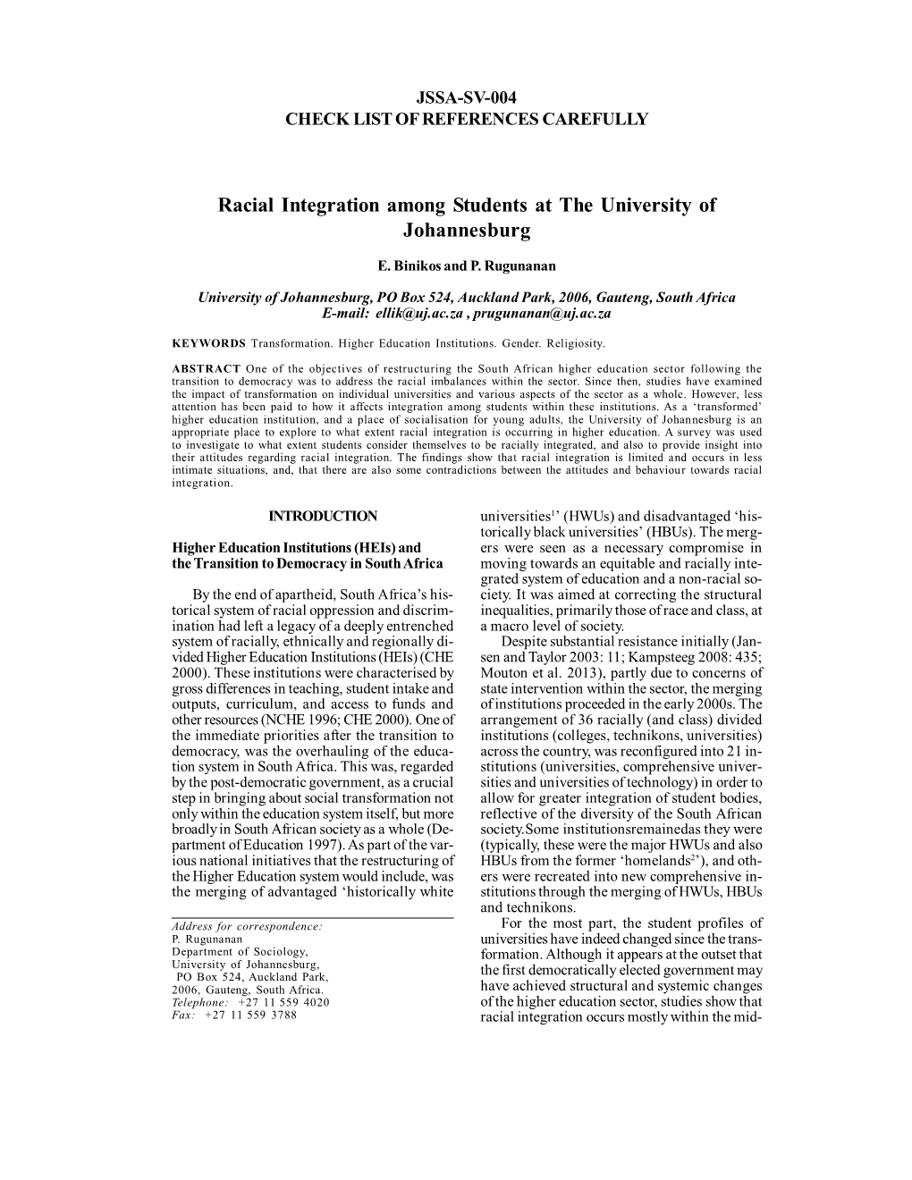 Racial Integration Among Students at the University of Johannesburg