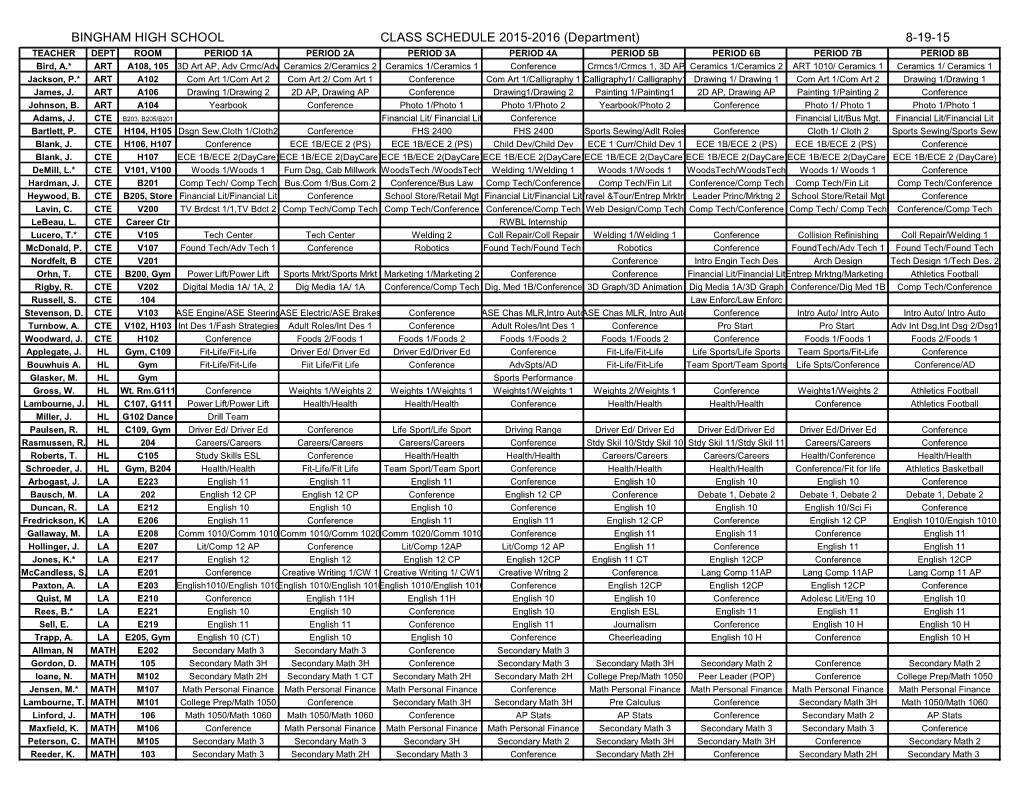 Bingham High School Class Schedule 2015-2016