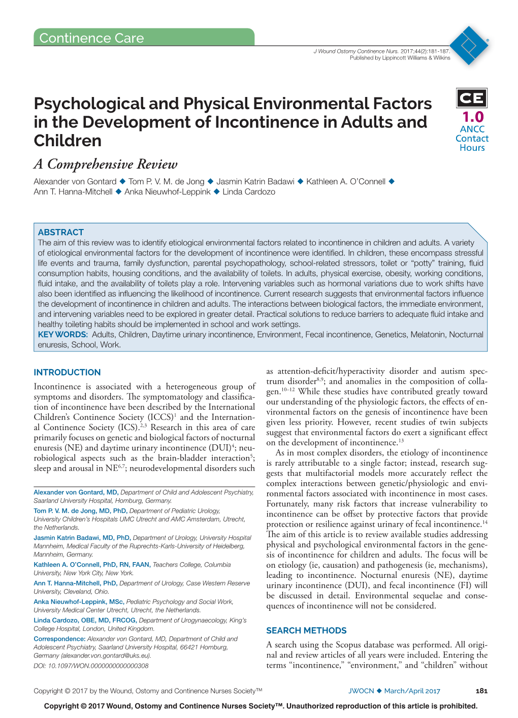 Psychological and Physical Environmental Factors in the Development of Incontinence in Adults and 1 Children a Comprehensive Review Alexander Von Gontard ¿ Tom P