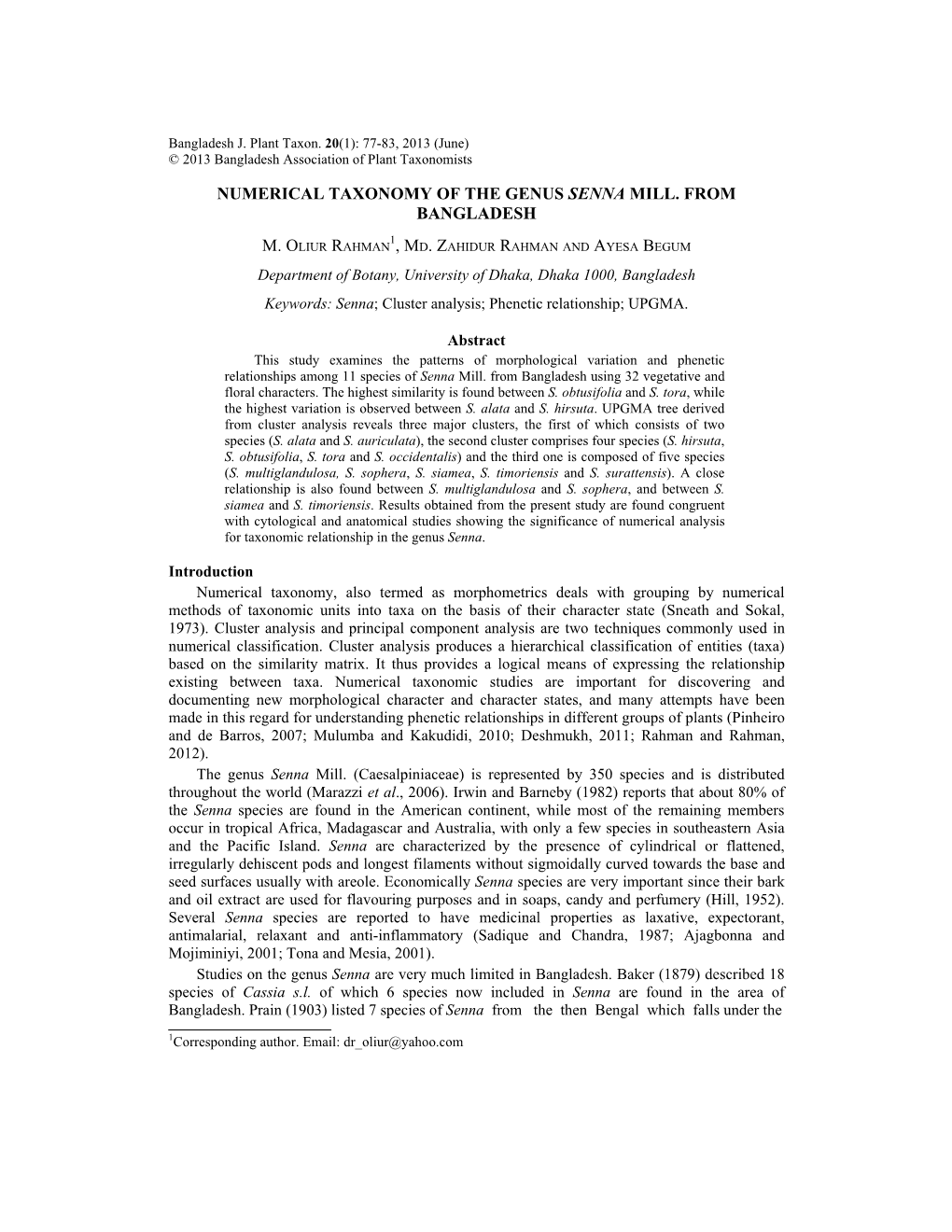 Numerical Taxonomy of the Genus Senna Mill. from Bangladesh M