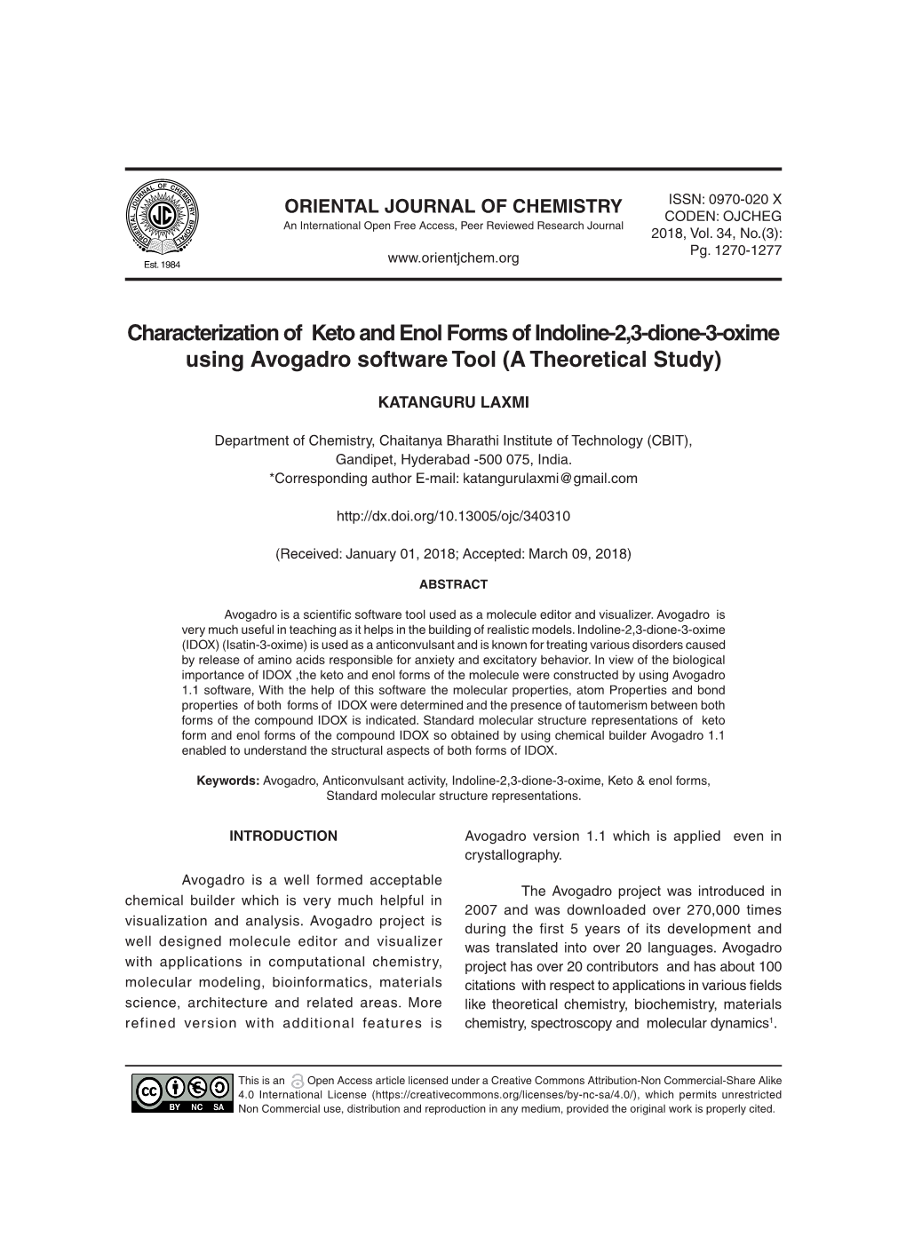 Characterization of Keto and Enol Forms of Indoline-2,3-Dione-3-Oxime Using Avogadro Software Tool (A Theoretical Study)