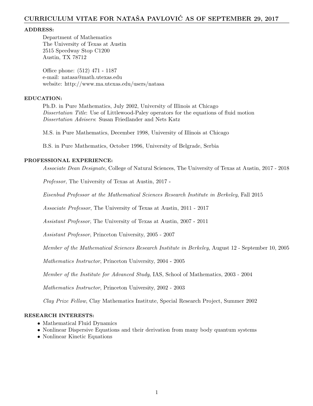 Curriculum Vitae for Nataša Pavlovi´C As Of