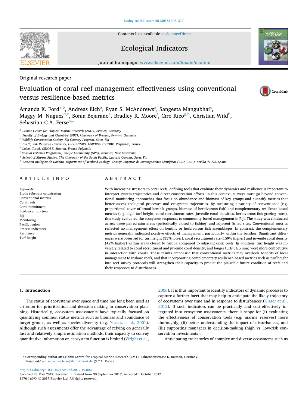 Evaluation of Coral Reef Management Effectiveness Using Conventional