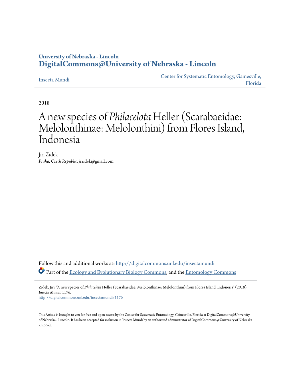 Scarabaeidae: Melolonthinae: Melolonthini) from Flores Island, Indonesia Jiri Zidek Praha, Czech Republic, Jrzidek@Gmail.Com