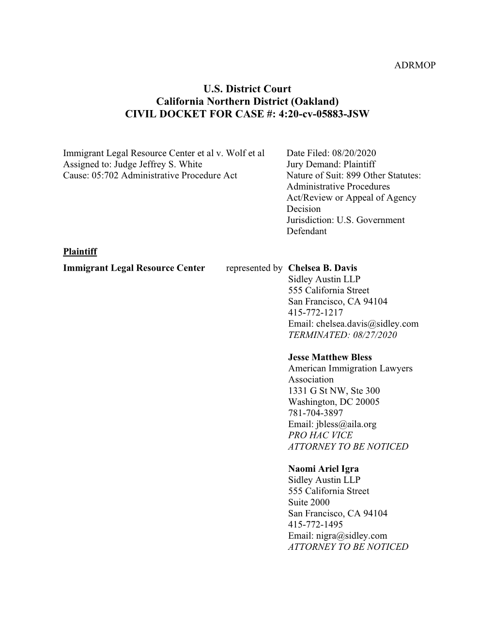 U.S. District Court California Northern District (Oakland) CIVIL DOCKET for CASE #: 4:20-Cv-05883-JSW