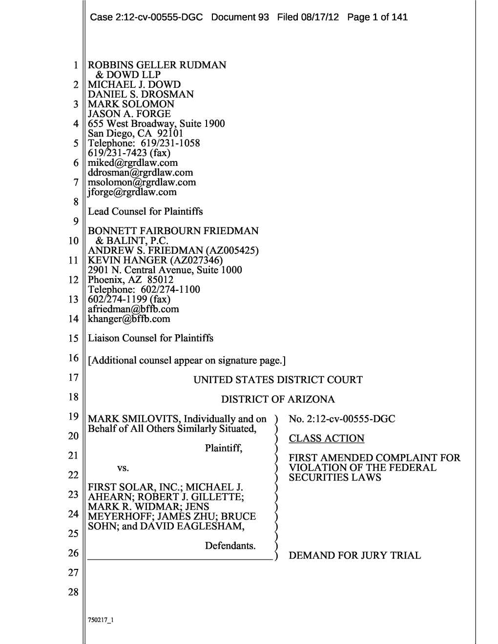 Mark Smilovits, Et Al. V. First Solar, Inc., Et Al. 12-CV-00555-First