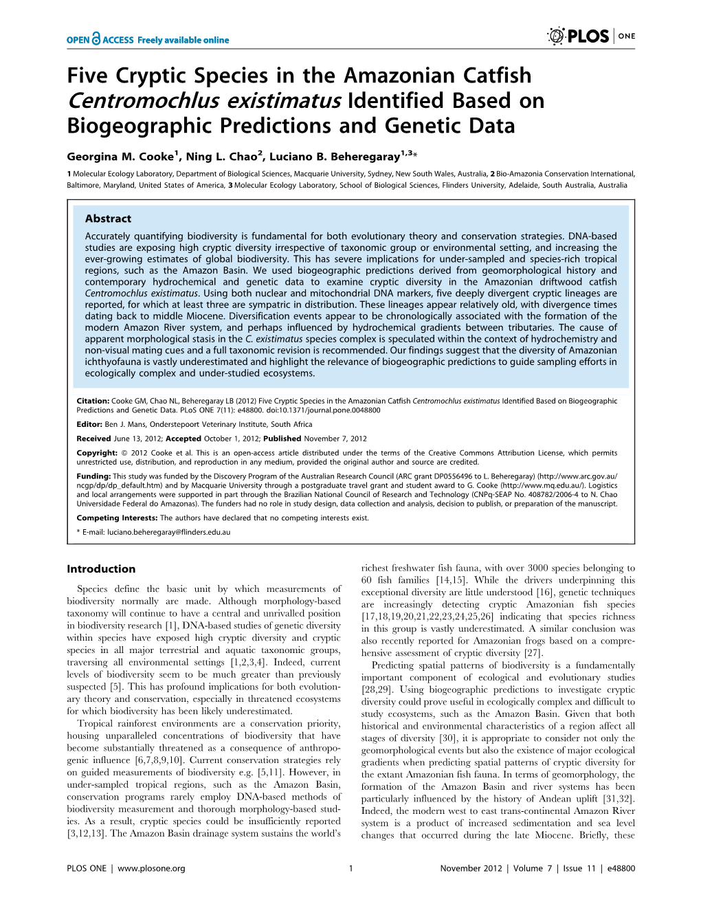 Centromochlus Existimatus Identified Based on Biogeographic Predictions and Genetic Data