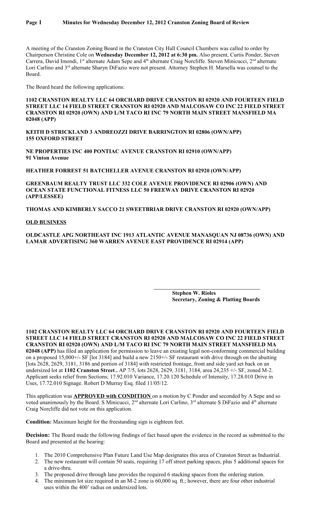 Page 2 Minutes for Wednesday December 12, 2012 Cranston Zoning Board of Review