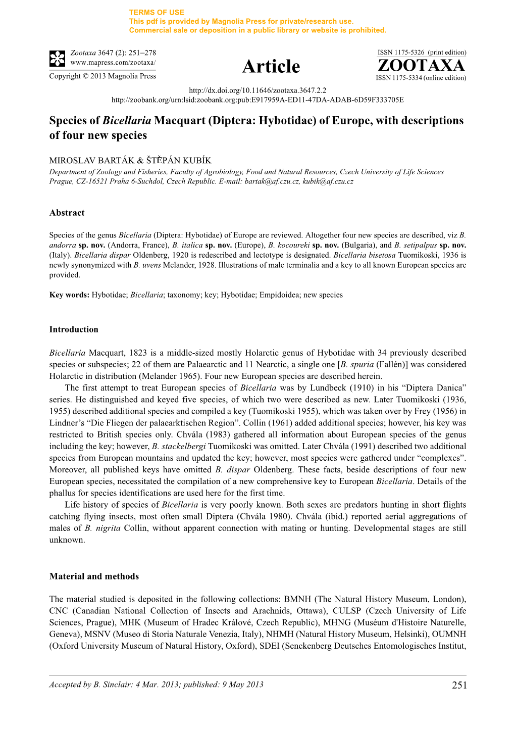 Species of Bicellaria Macquart (Diptera: Hybotidae) of Europe, with Descriptions of Four New Species