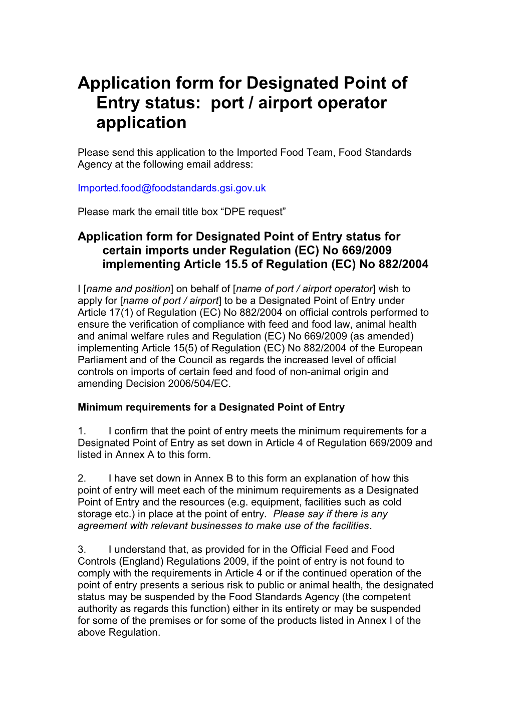 Application Form for Dpe Status Port / Airport Operator Application