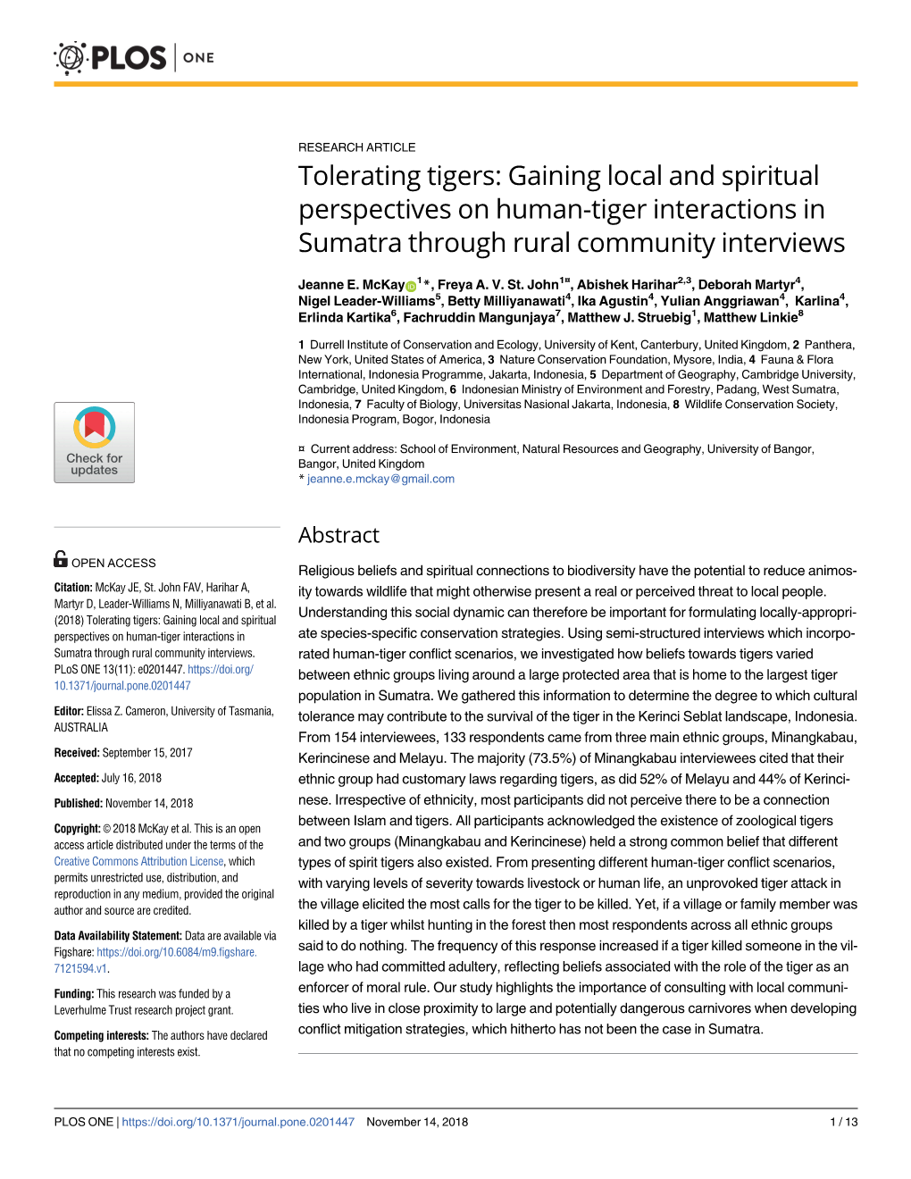 Tolerating Tigers: Gaining Local and Spiritual Perspectives on Human-Tiger Interactions in Sumatra Through Rural Community Interviews