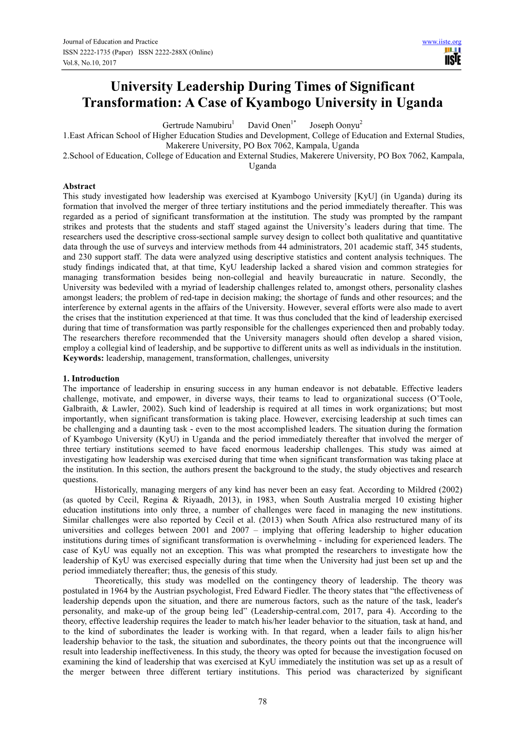 University Leadership During Times of Significant Transformation: a Case of Kyambogo University in Uganda