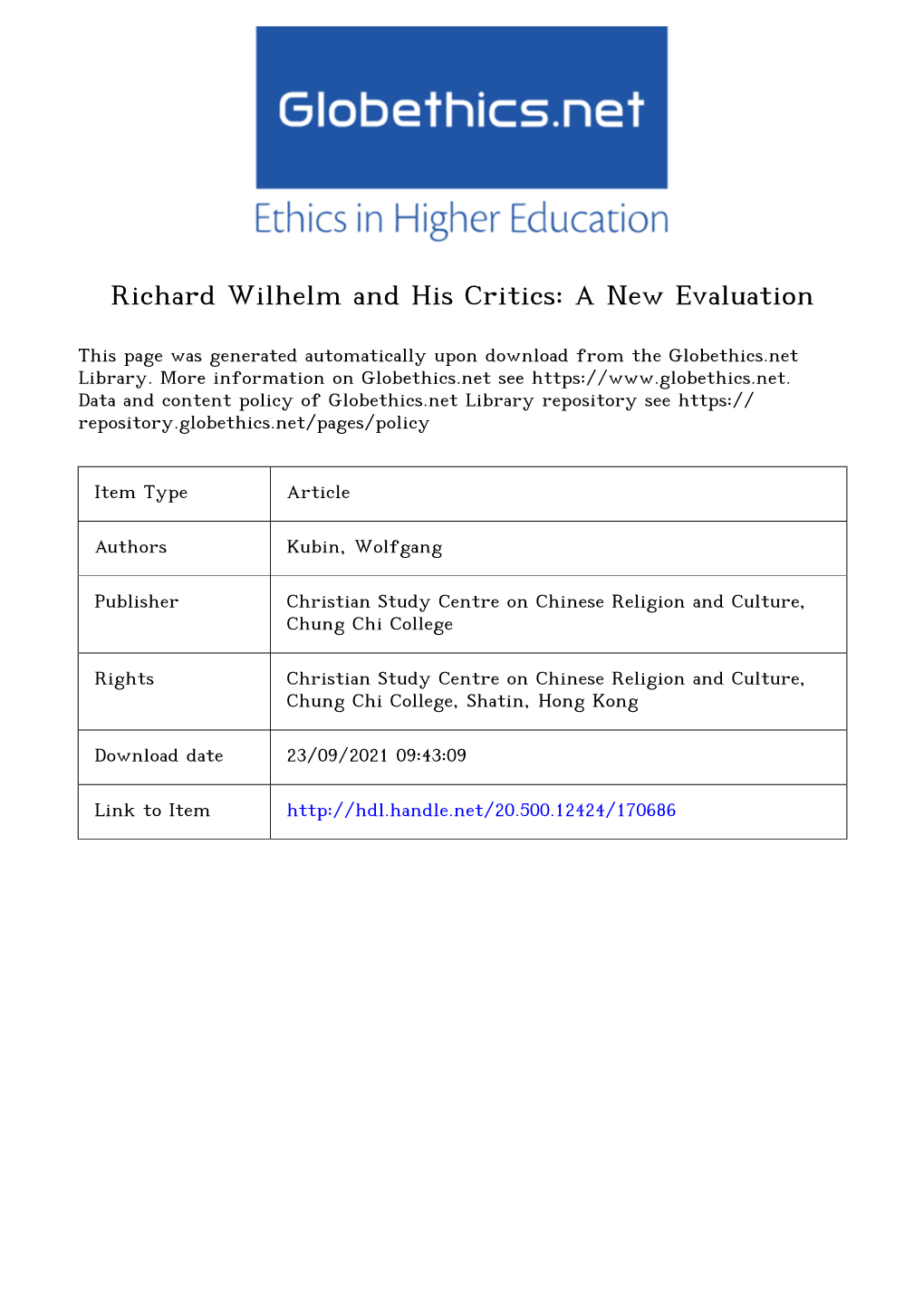 Richard Wilhelm and His Critics: a New Evaluation