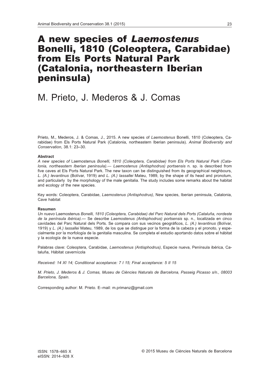 A New Species of Laemostenus Bonelli, 1810 (Coleoptera, Carabidae) from Els Ports Natural Park (Catalonia, Northeastern Iberian Peninsula)