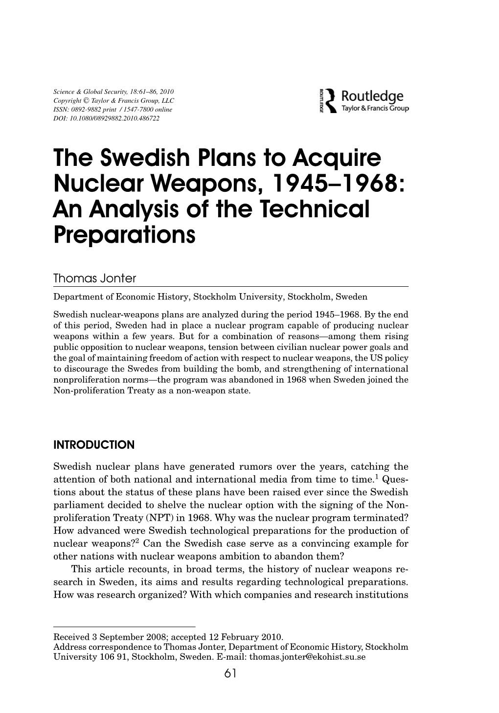 The Swedish Plans to Acquire Nuclear Weapons, 1945–1968: an Analysis of the Technical Preparations