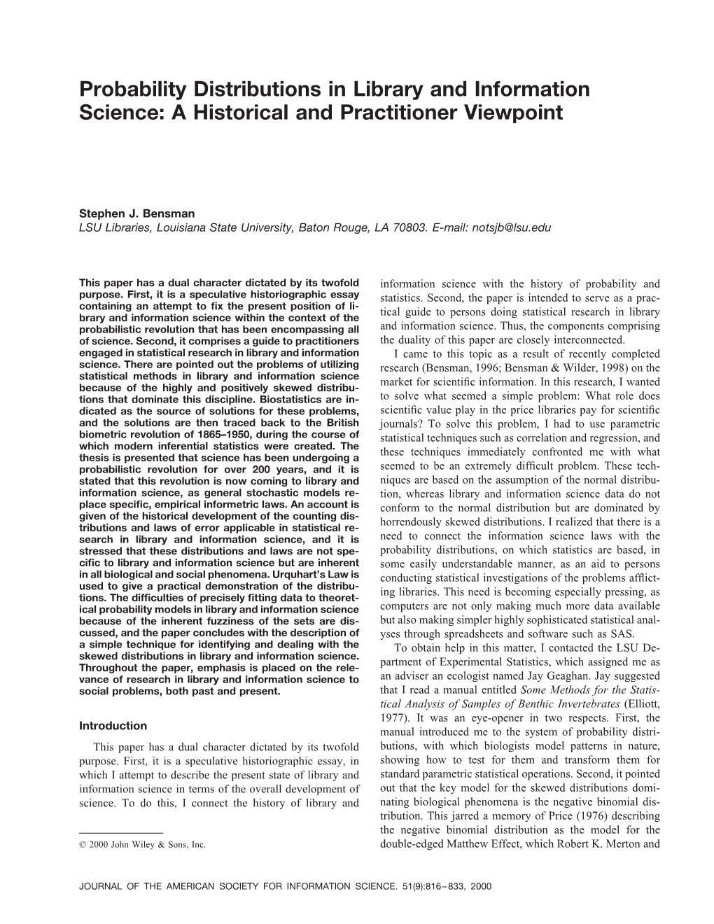 Probability Distributions in Library and Information Science: a Historical and Practitioner Viewpoint