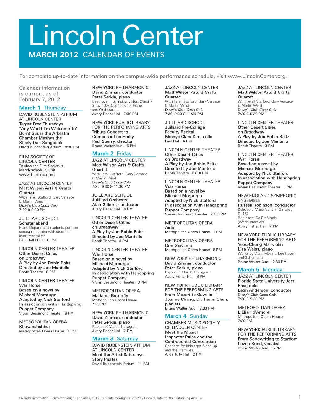March 2012 Calendar of Events
