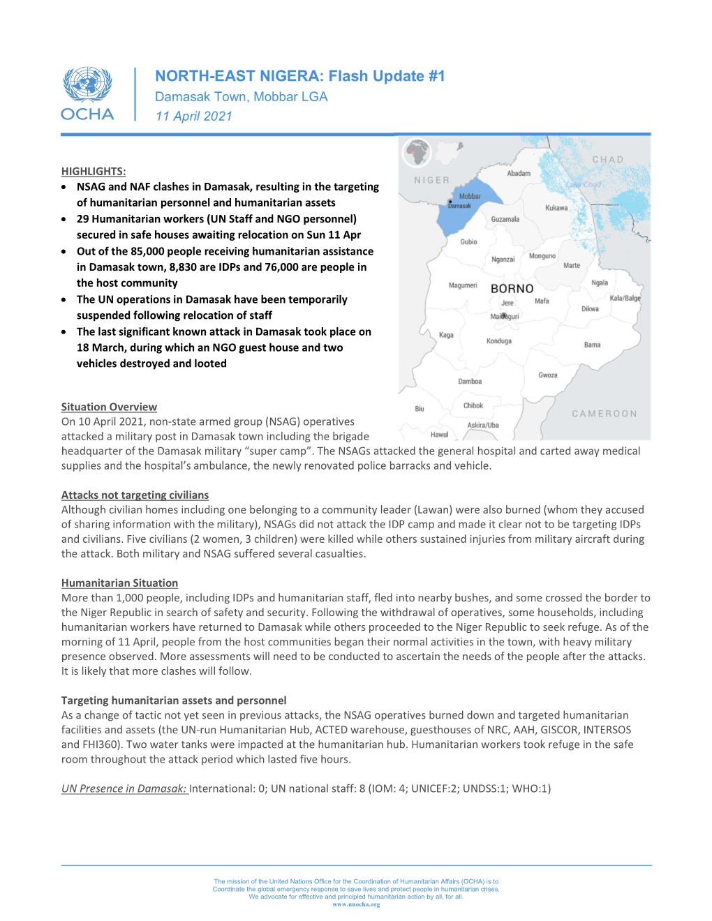 Flash Update #1 Damasak Town, Mobbar LGA 11 April 2021