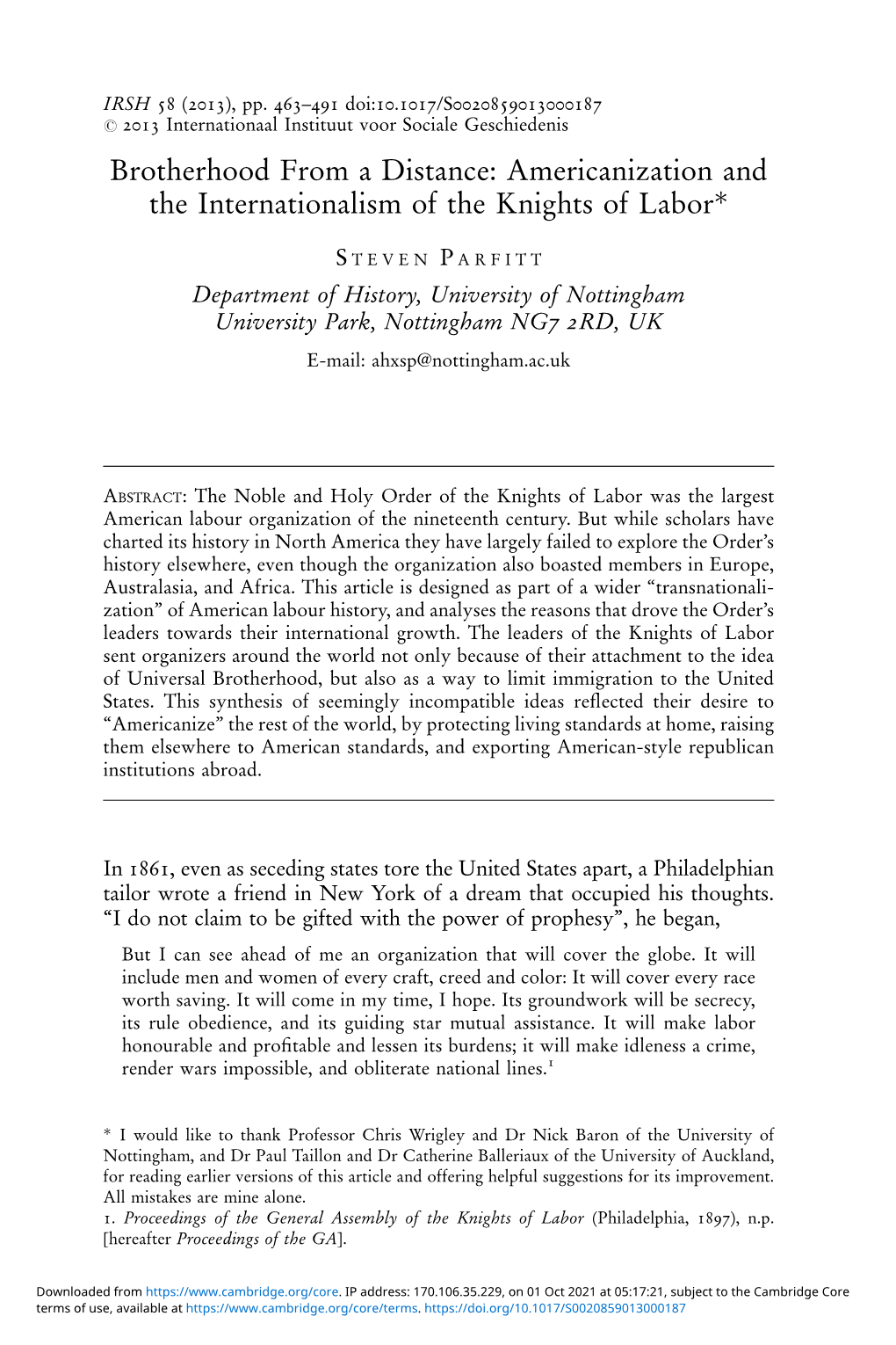 Brotherhood from a Distance: Americanization and the Internationalism of the Knights of Labor*