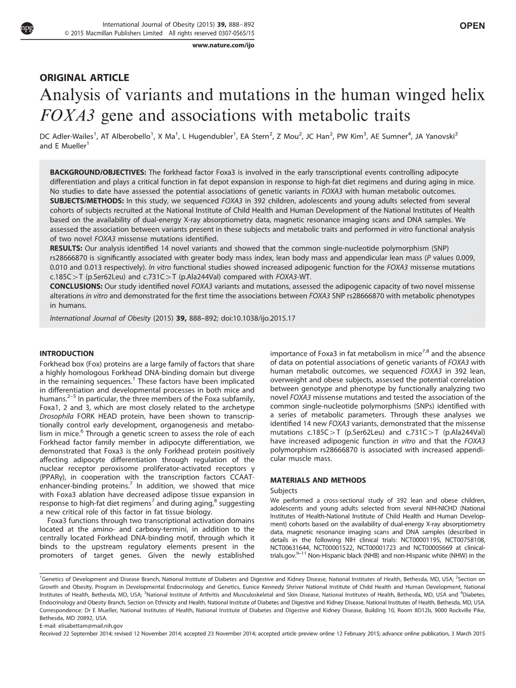 FOXA3 Gene and Associations with Metabolic Traits