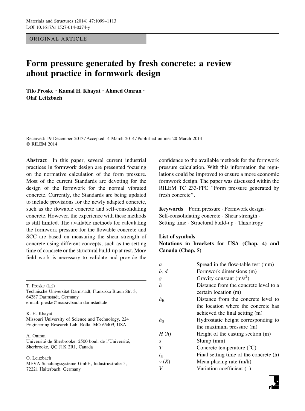Form Pressure Generated by Fresh Concrete: a Review About Practice in Formwork Design