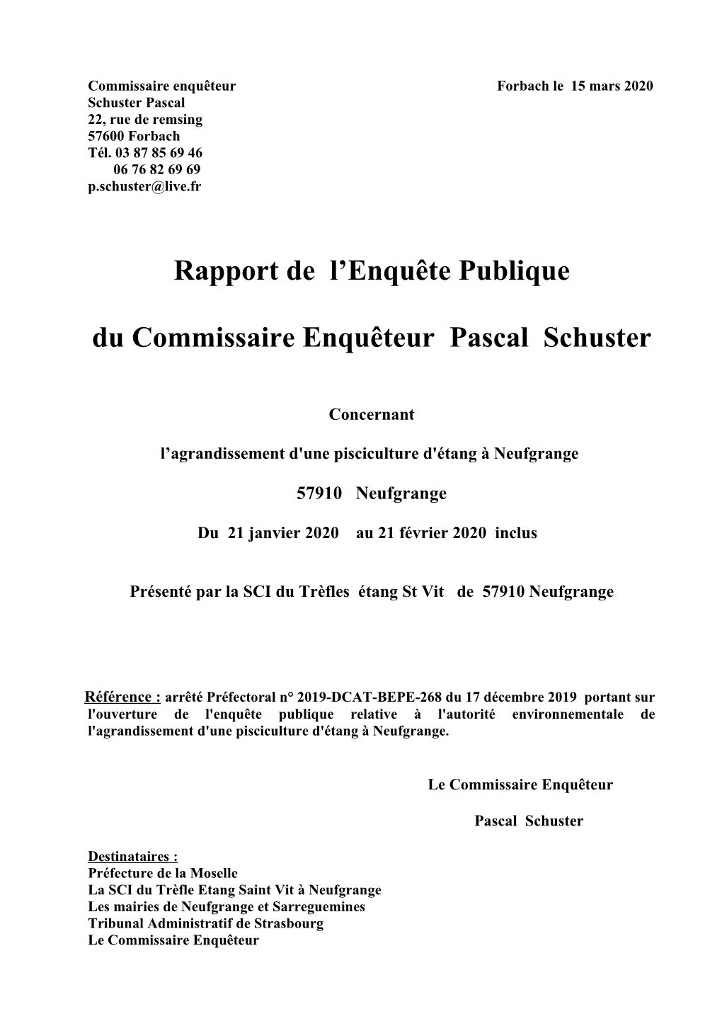 Rapport De L'enquête Publique Du Commissaire Enquêteur Pascal