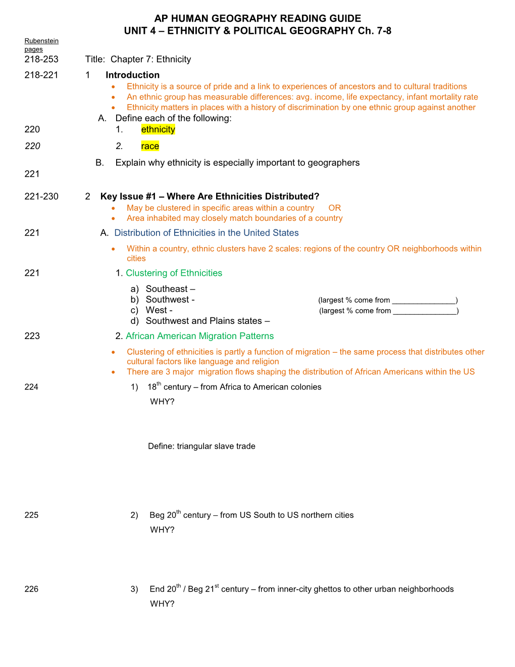 AP HUMAN GEOGRAPHY READING GUIDE UNIT 4 – ETHNICITY & POLITICAL GEOGRAPHY Ch