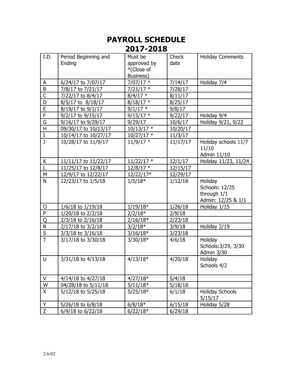 Payroll Schedule