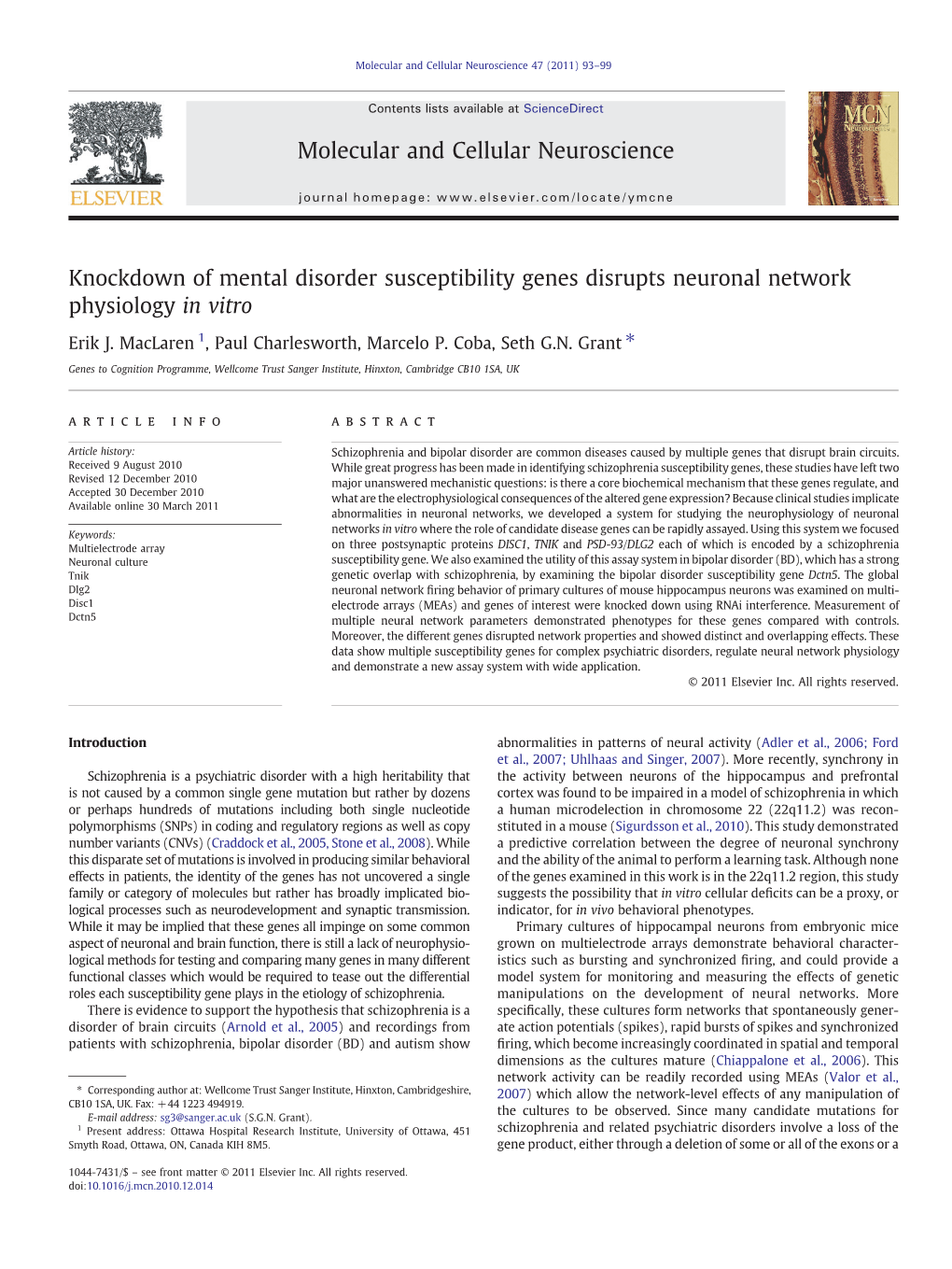 Knockdown of Mental Disorder Susceptibility Genes Disrupts Neuronal Network Physiology in Vitro