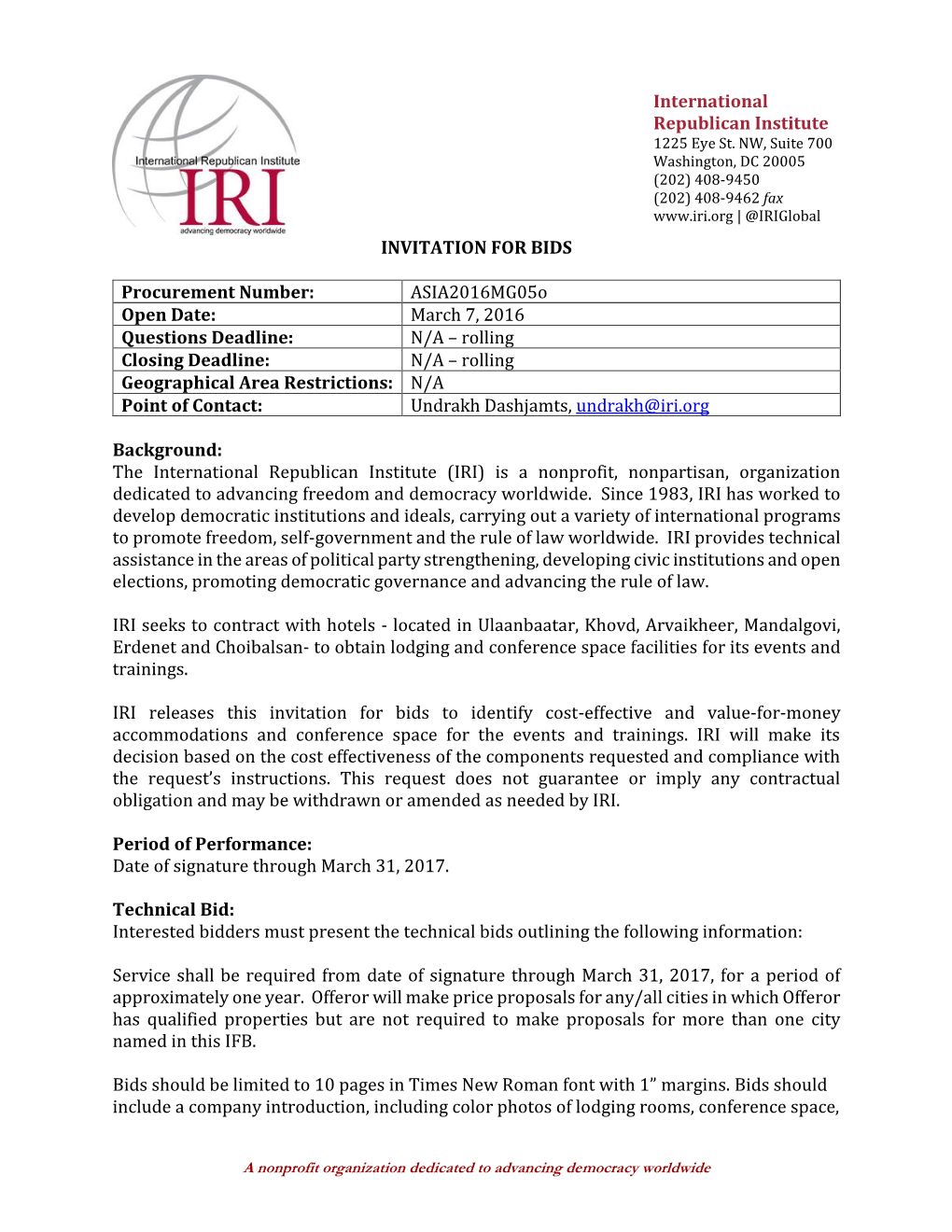 INVITATION for BIDS Procurement Number: Asia2016mg05o Open Date