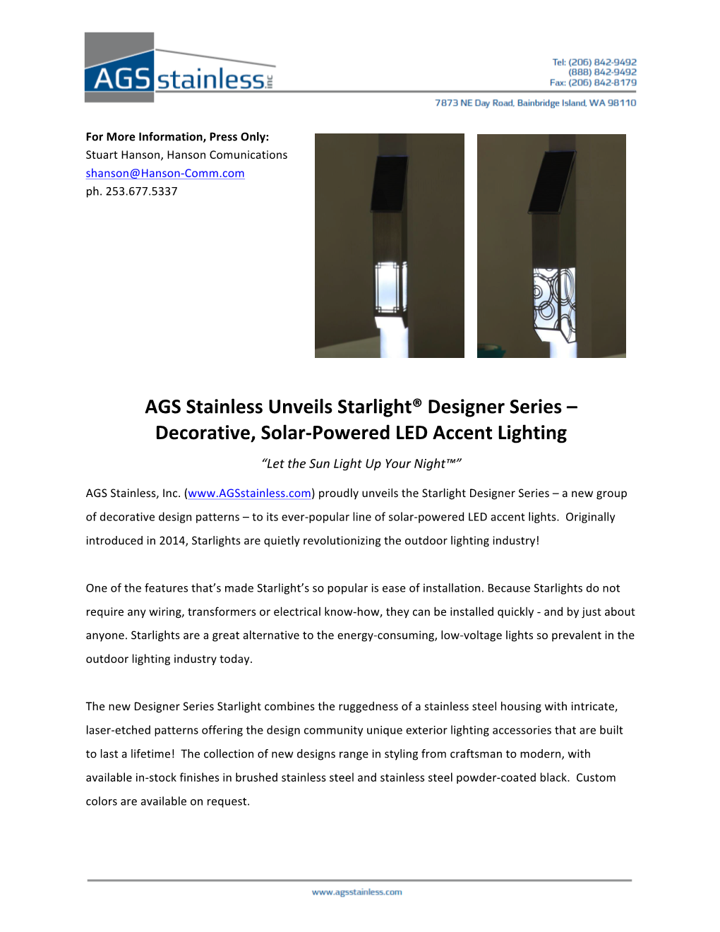 AGS Stainless Unveils Starlight® Designer Series – Decorative, Solar-Powered LED Accent Lighting “Let the Sun Light up Your Night™”