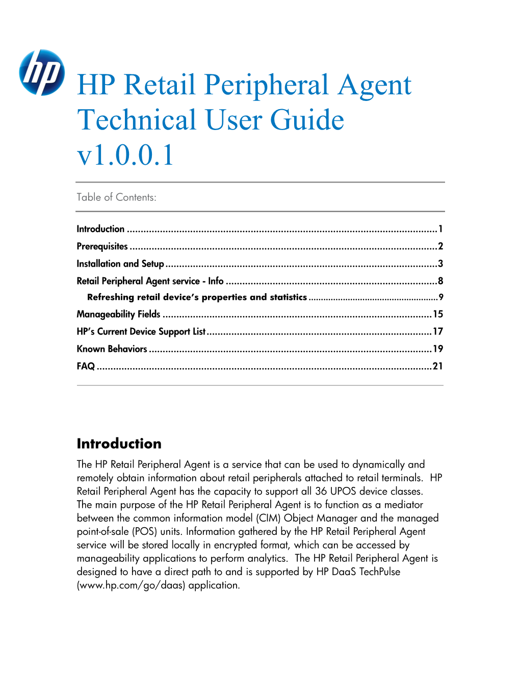 HP Retail Peripheral Agent Technical User Guide V1.0.0.1