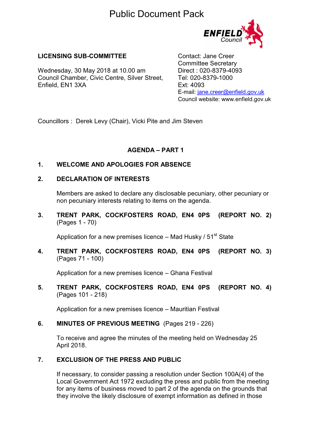 Agenda Document for Licensing Sub-Committee, 30/05/2018 10:00