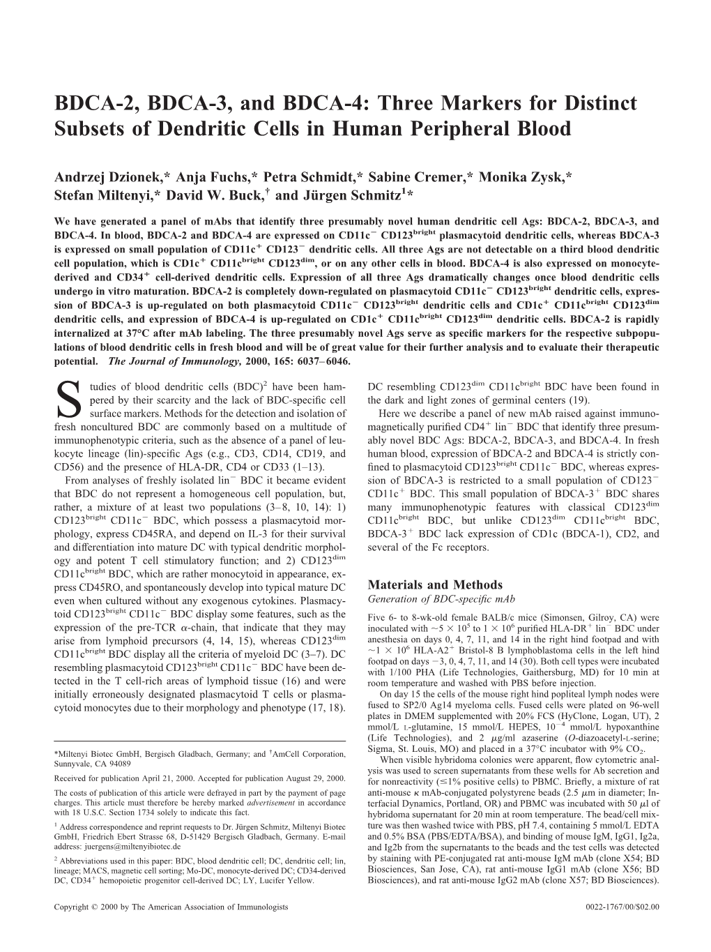 Cells in Human Peripheral Blood Markers for Distinct Subsets Of